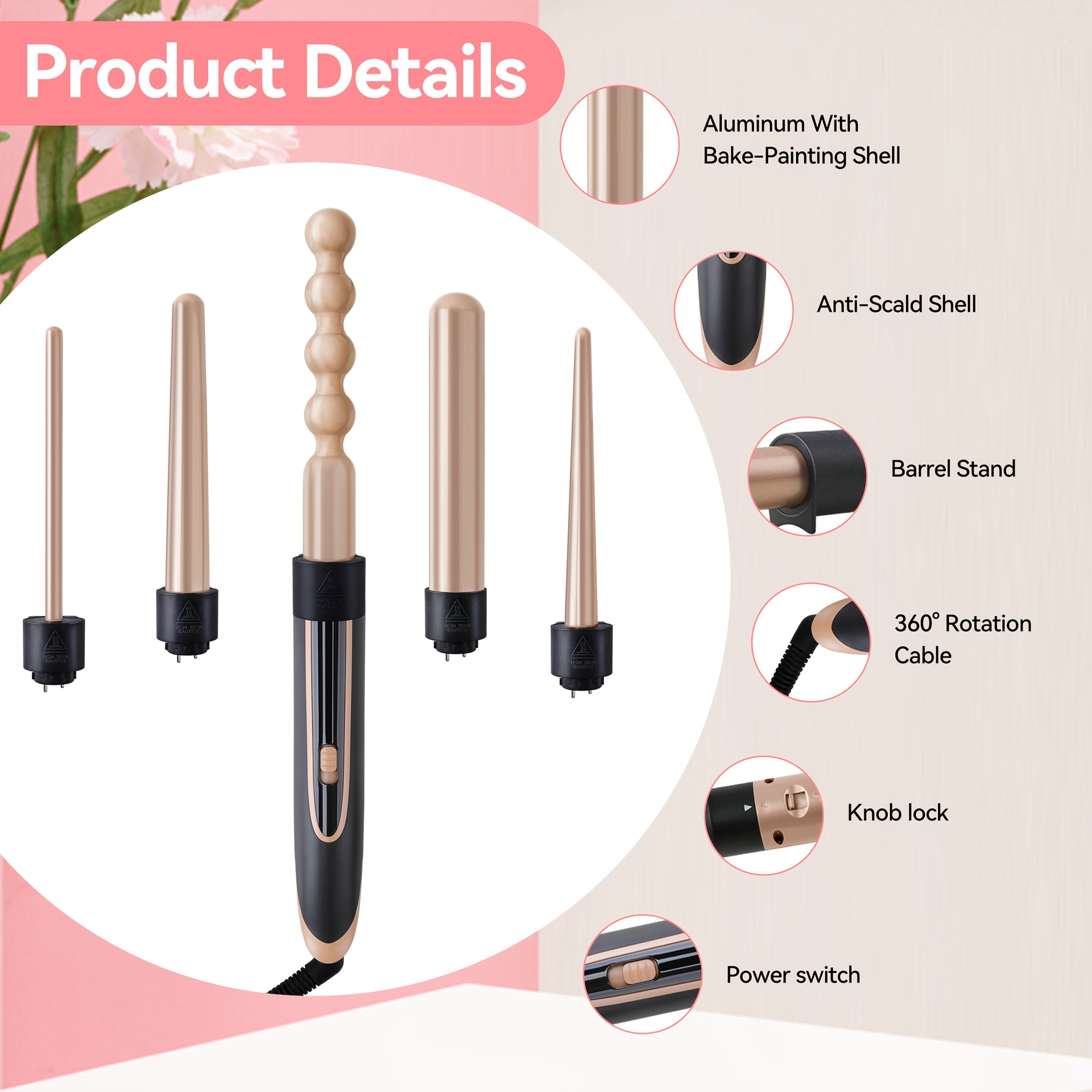 Hair Curling Wand 5in 1 Hair Curlers Iron Set 0.4" - 1.25" with 5 Ceramic Interchangeable Barrel