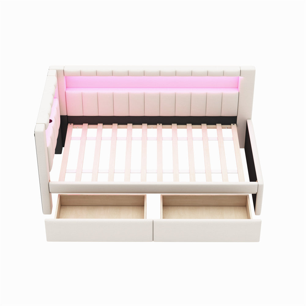 Modern White Upholstered Twin Size Platform Bed with USB Ports & RGB LED