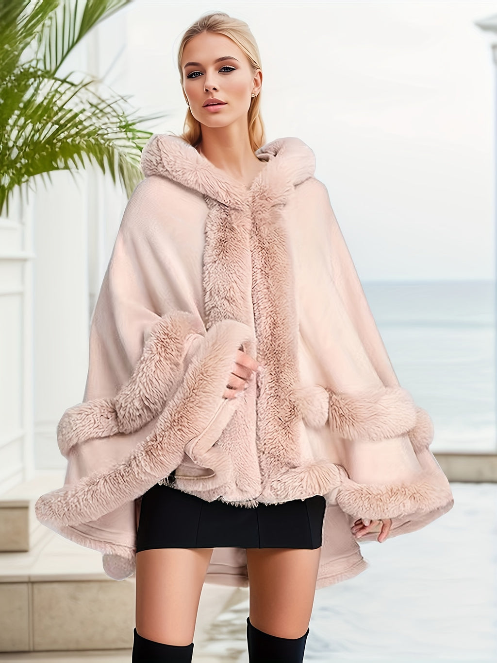 Faux Rabbit Fur-Lined Hooded Cape
