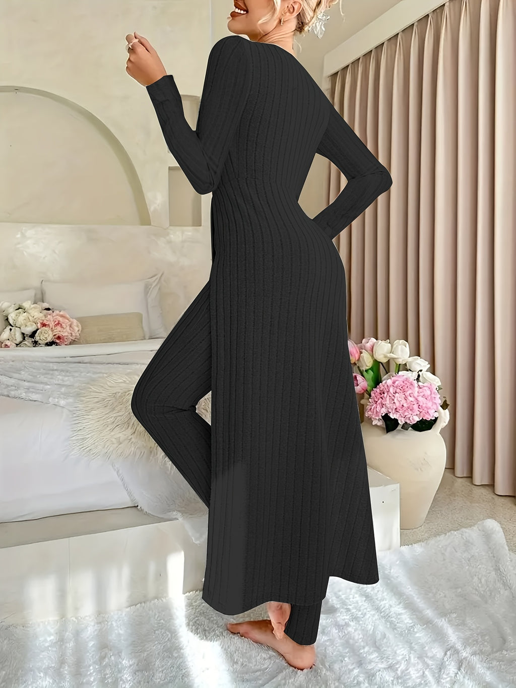 Two-piece Set of Ribbed Long-sleeved Top and Pants