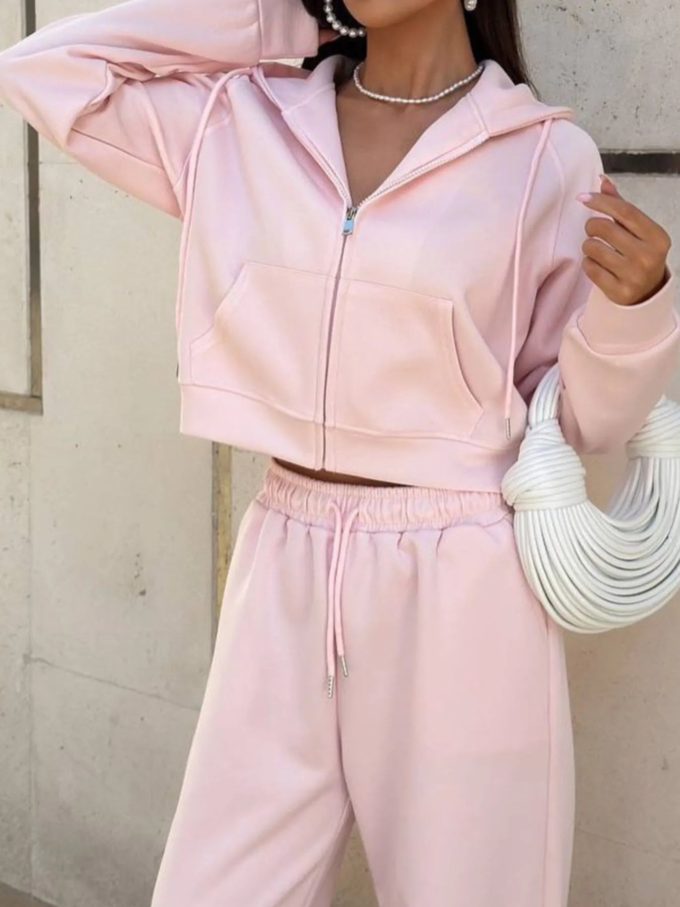 Zip Up Drawstring Hoodie and Pants Set