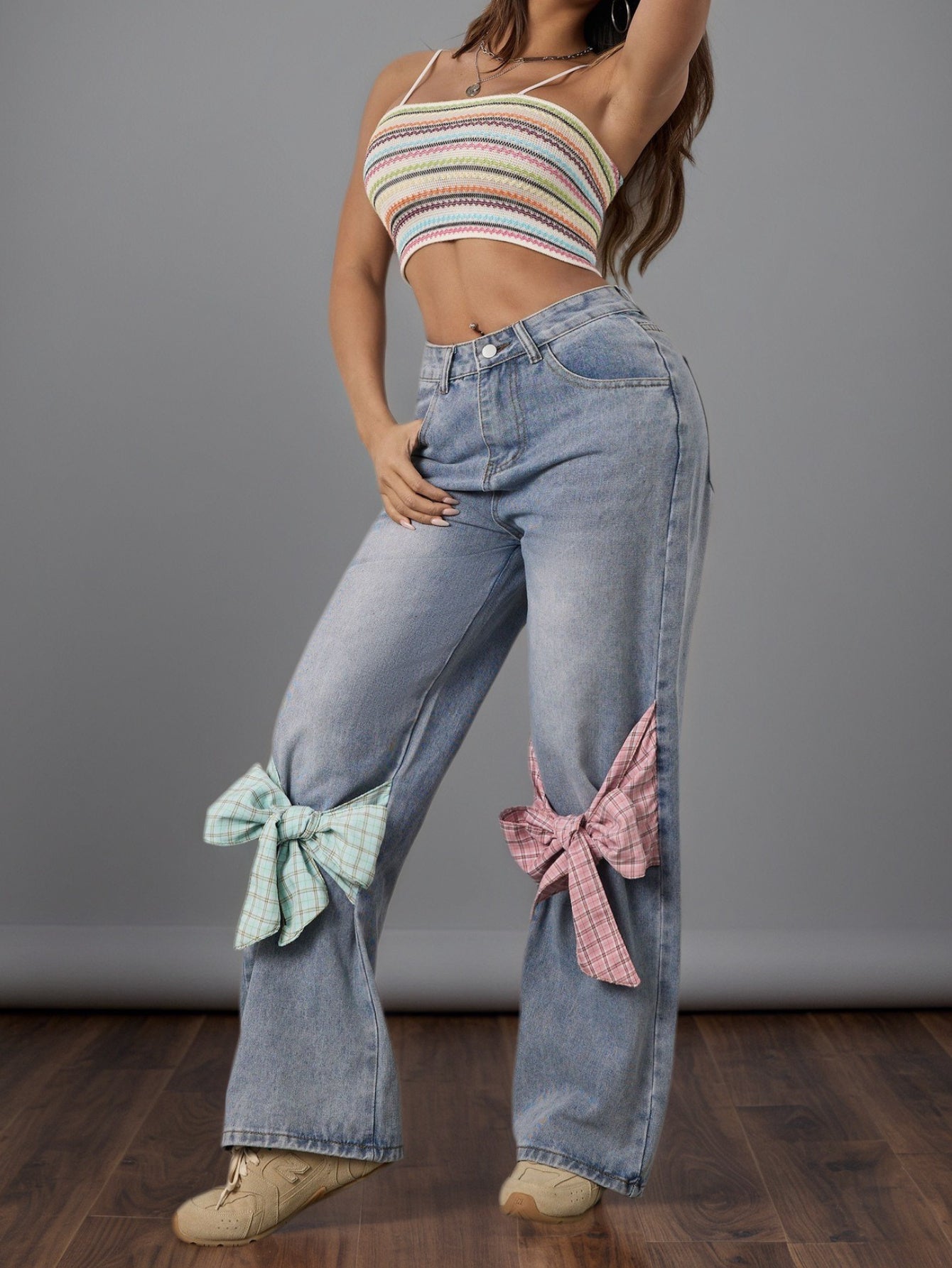 Light Wash Wide-Leg Jeans with Plaid Bow Accents