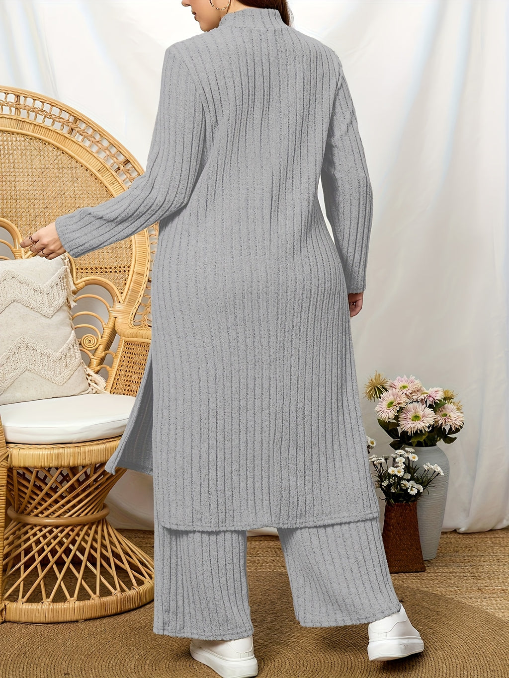 High Neck Ribbed Top + Pants Casual Set