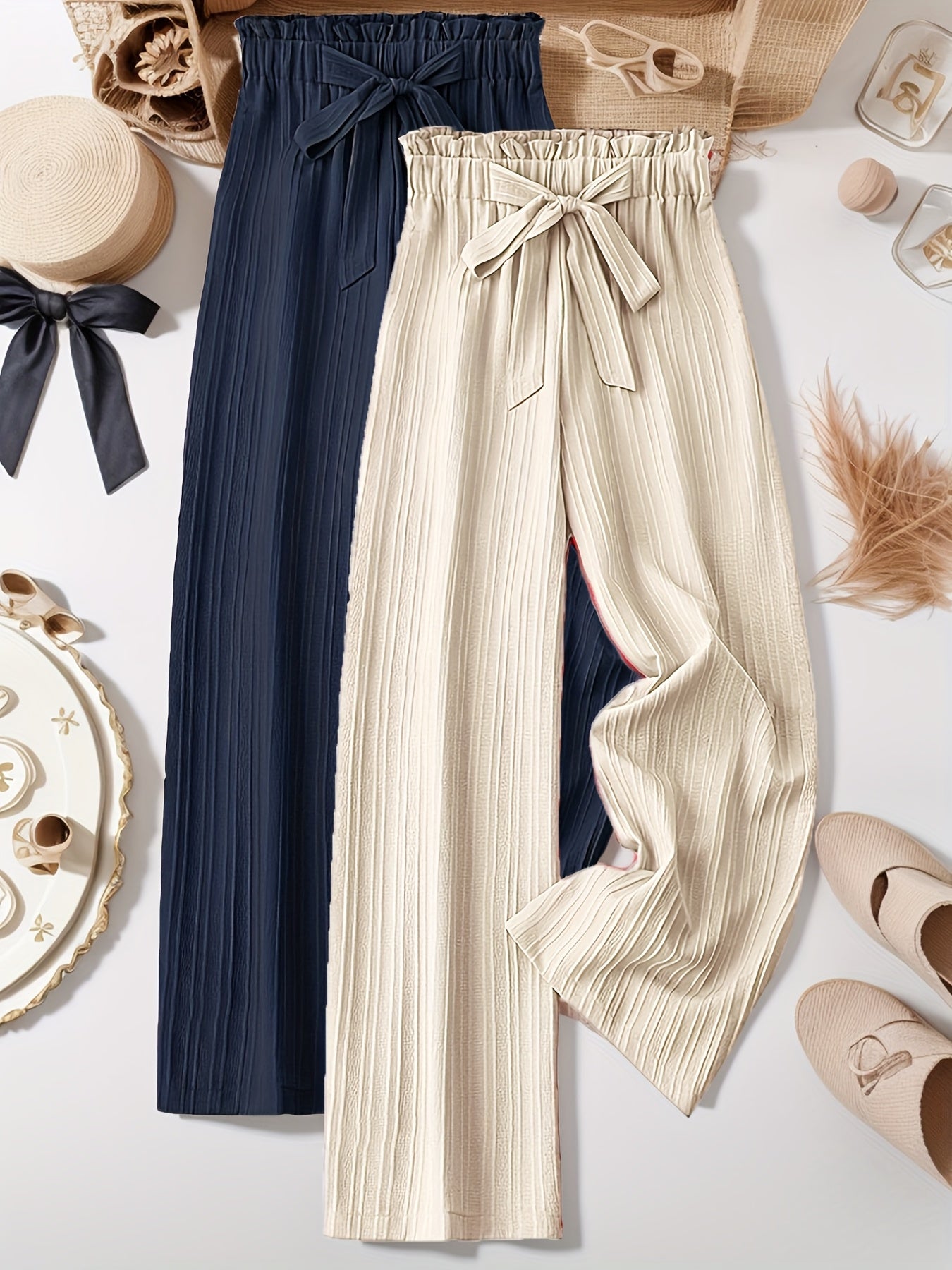 Two-Pack Pleated Striped Pants with Bow Detail