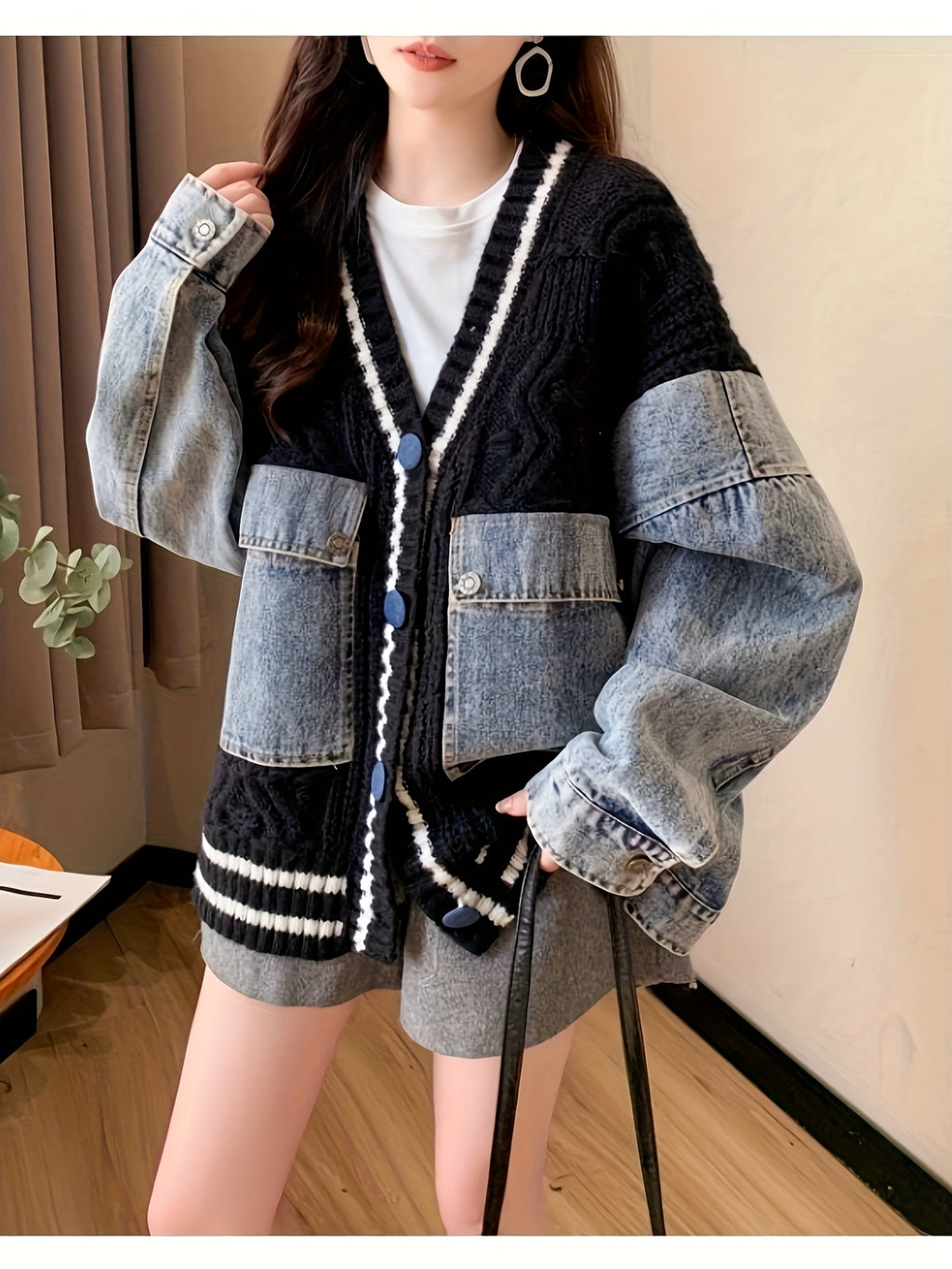 Oversized Light Gray & Blue Contrast Batwing Cardigan