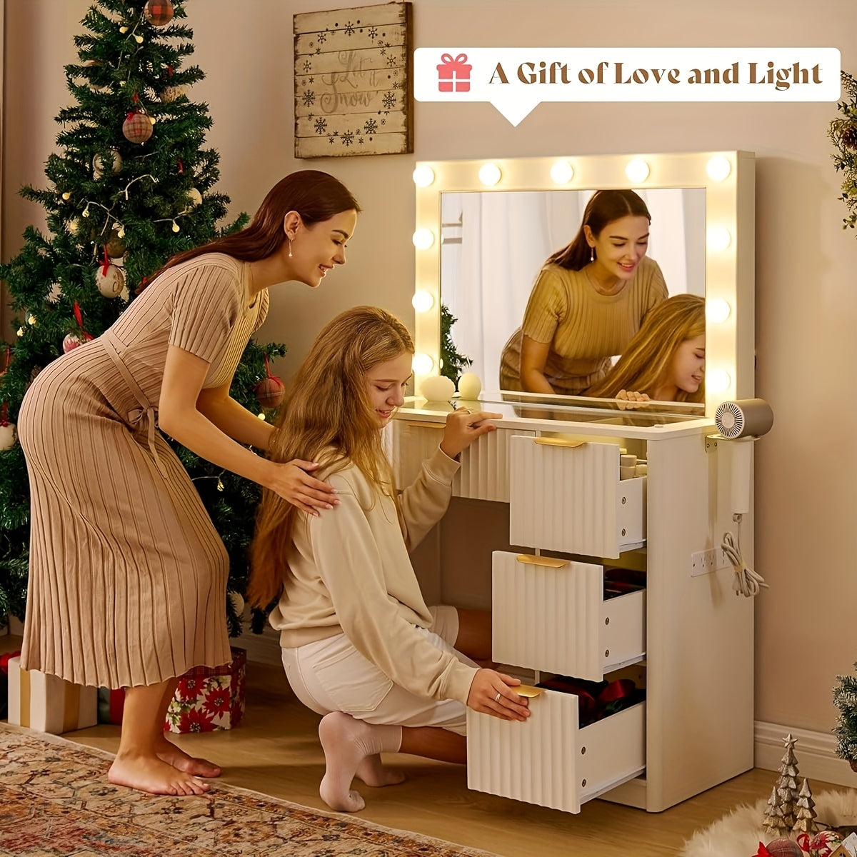 Fluted Vanity Desk With Large Mirror