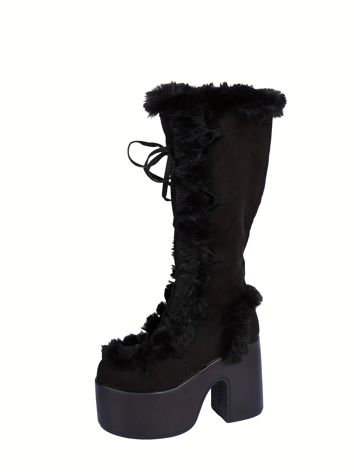Plush Faux Fur-Front High-Top Snow Boots with Thick Platform Sole & Round Toe