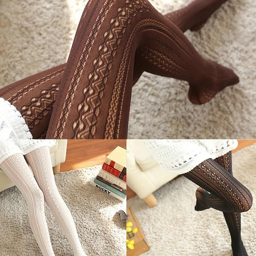 Geometric-Patterned Pantyhose with Contrast Lace Detail