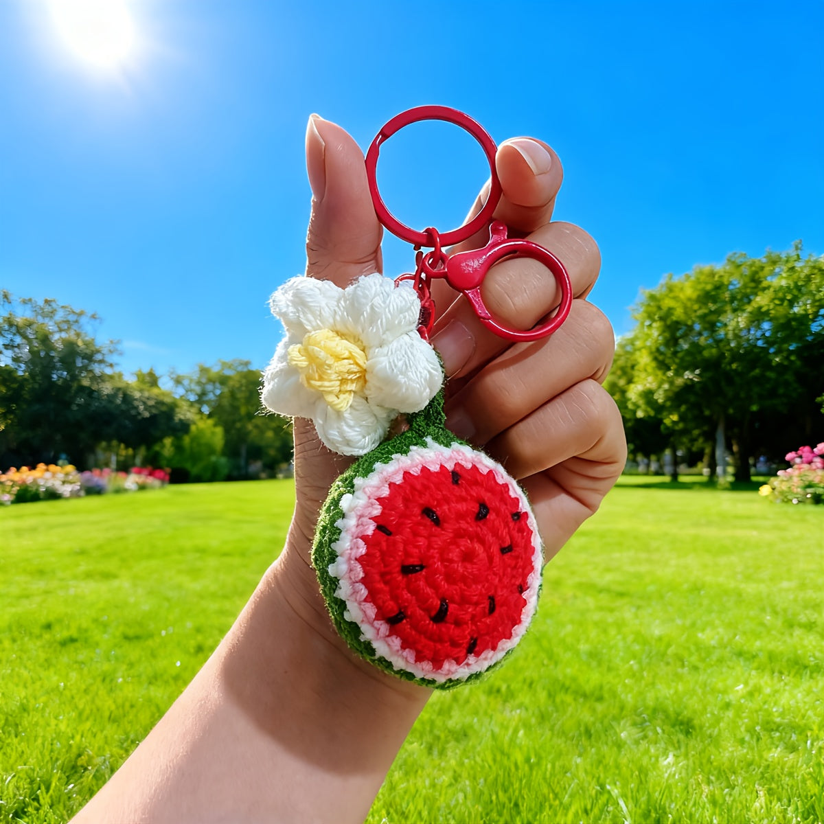 Handmade Crochet Watermelon Keychain with Red Bell
