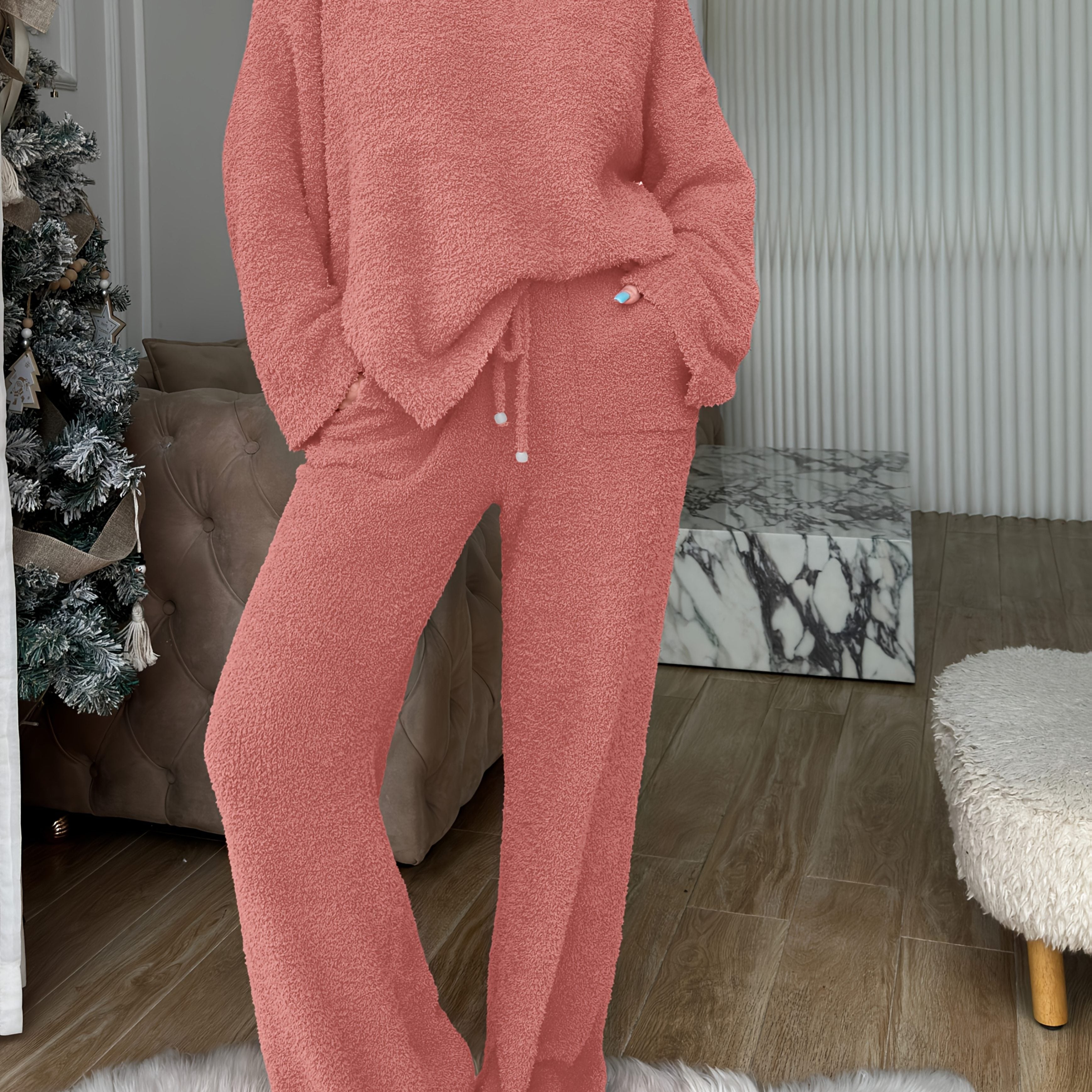 Solid Color V-Neck Short Front Long Back Soft Fleece Pajama Set