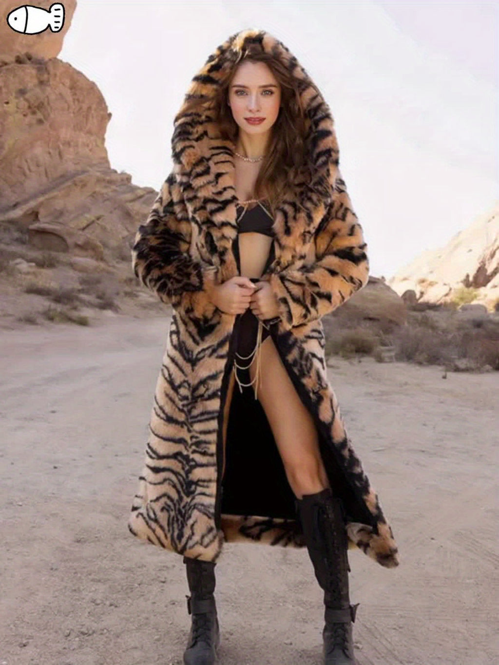 Women's Elegant Leopard Print Hooded Coat with Faux Grass Lining - Long Winter Warmth, Slim-Fit Tailored Outerwear, Single-Breasted Closure & Luxurious Fur-Like Texture for Casual & Formal Outfits (Dry Clean Only) - Autumn/Wi