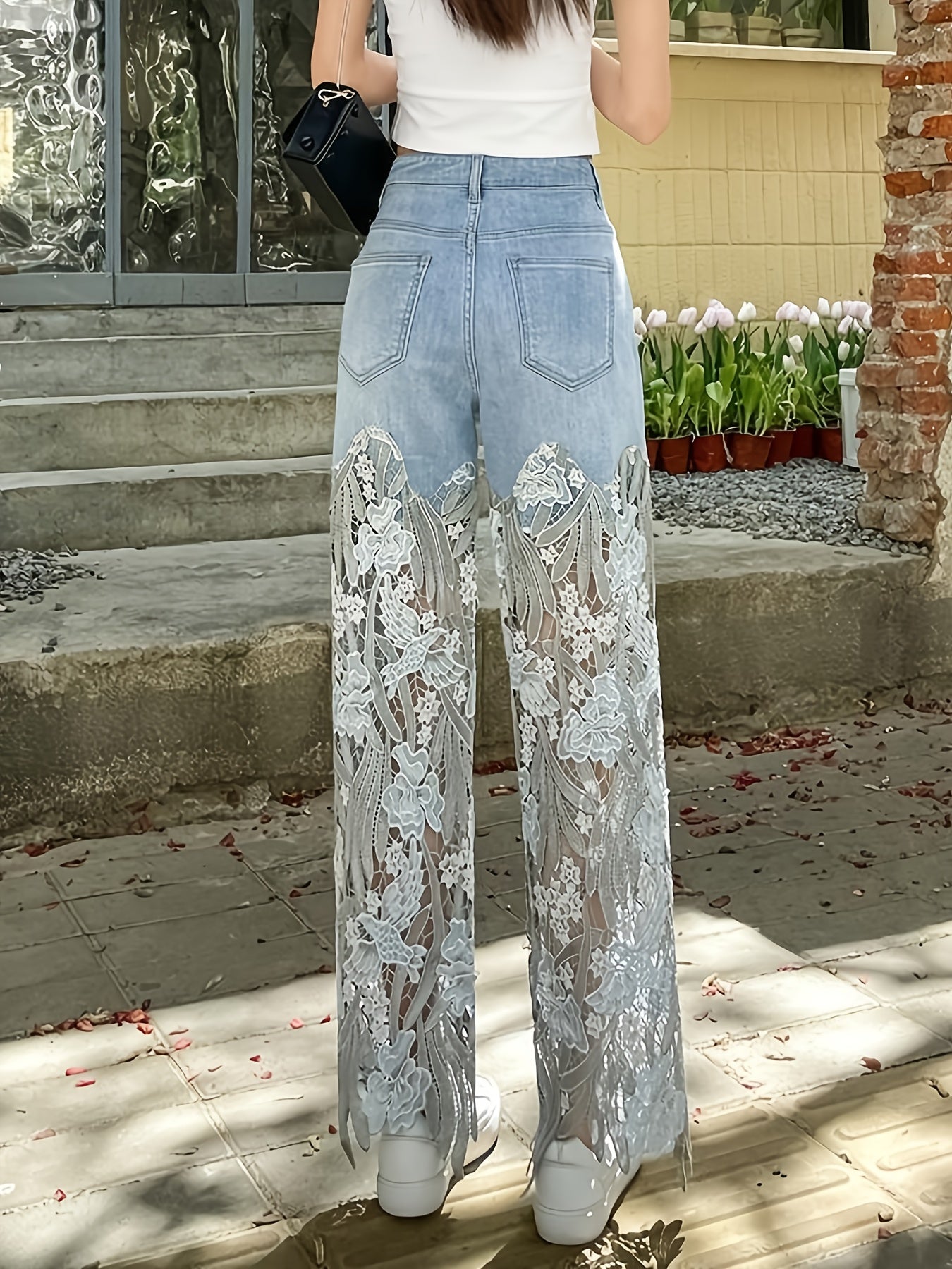 Lace Splicing Denim Jeans