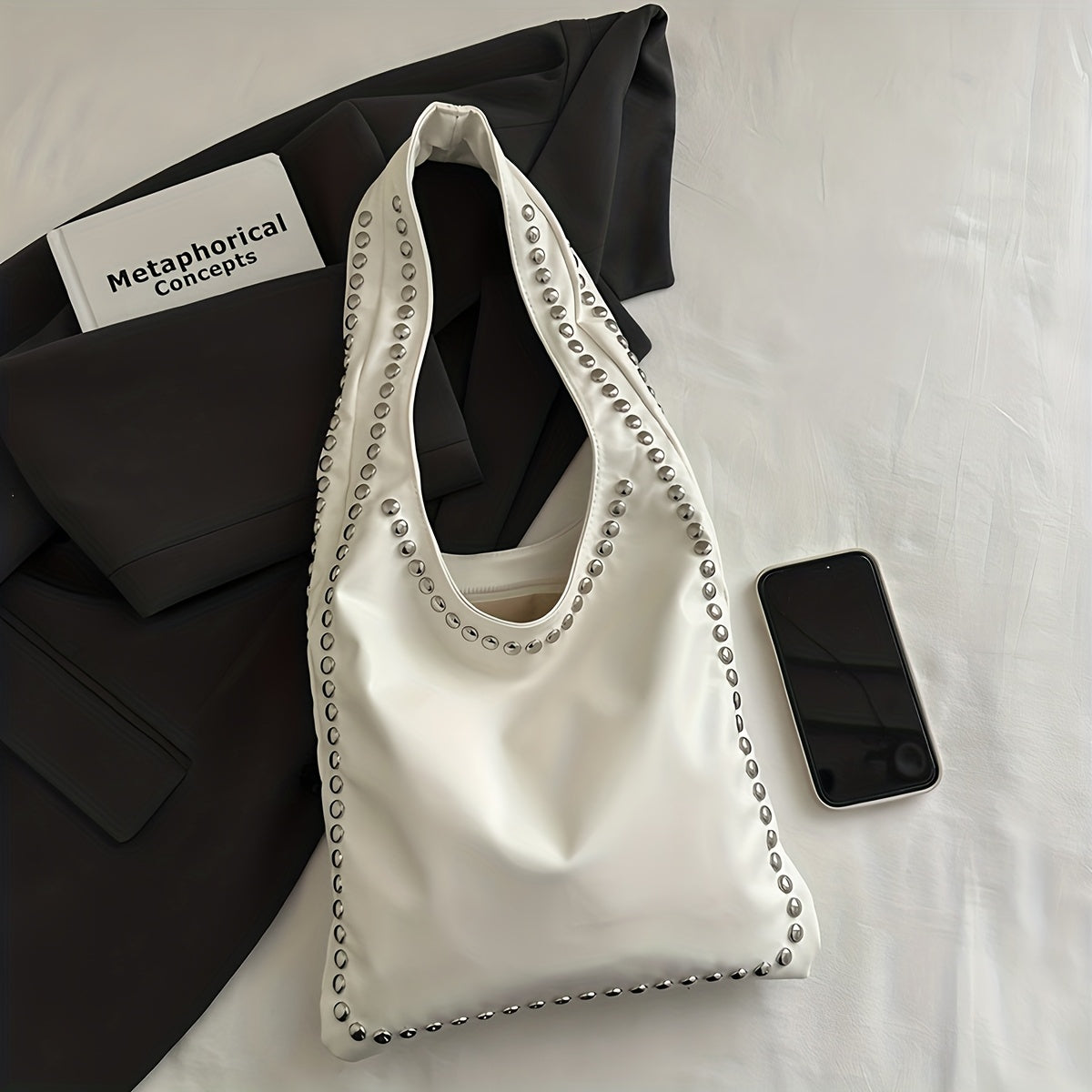 Women's Retro Punk Gothic Handbag - Edgy Shoulder Tote with Zipper Closure, White/Black Handheld Bag, Punk Style Purse for Casual & Formal Outfits, Durable Everyday Shoulder Bag