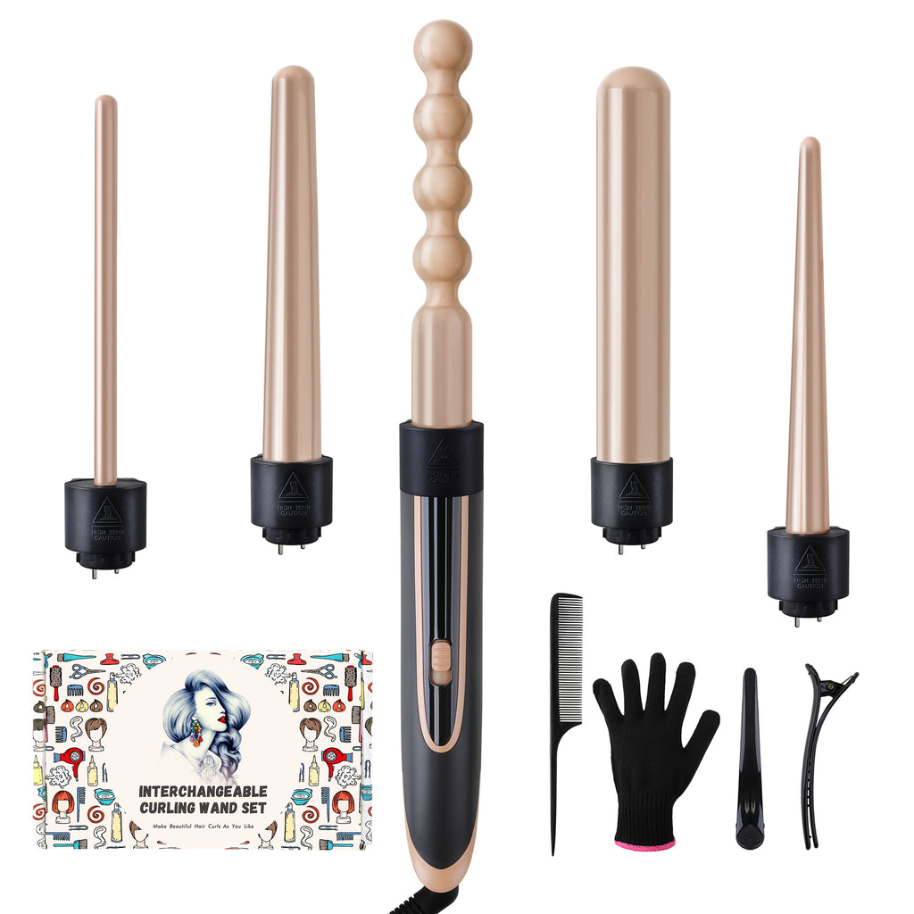 Hair Curling Wand 5in 1 Hair Curlers Iron Set 0.4" - 1.25" with 5 Ceramic Interchangeable Barrel