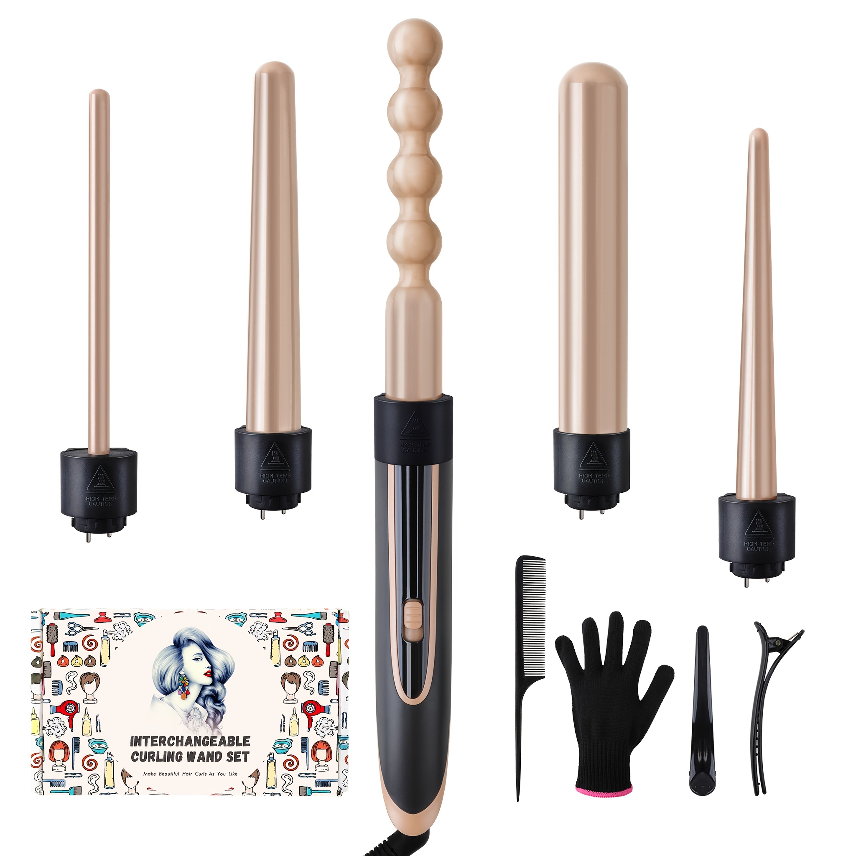 Hair Curling Wand 5in 1 Hair Curlers Iron Set 0.4" - 1.25" with 5 Ceramic Interchangeable Barrel