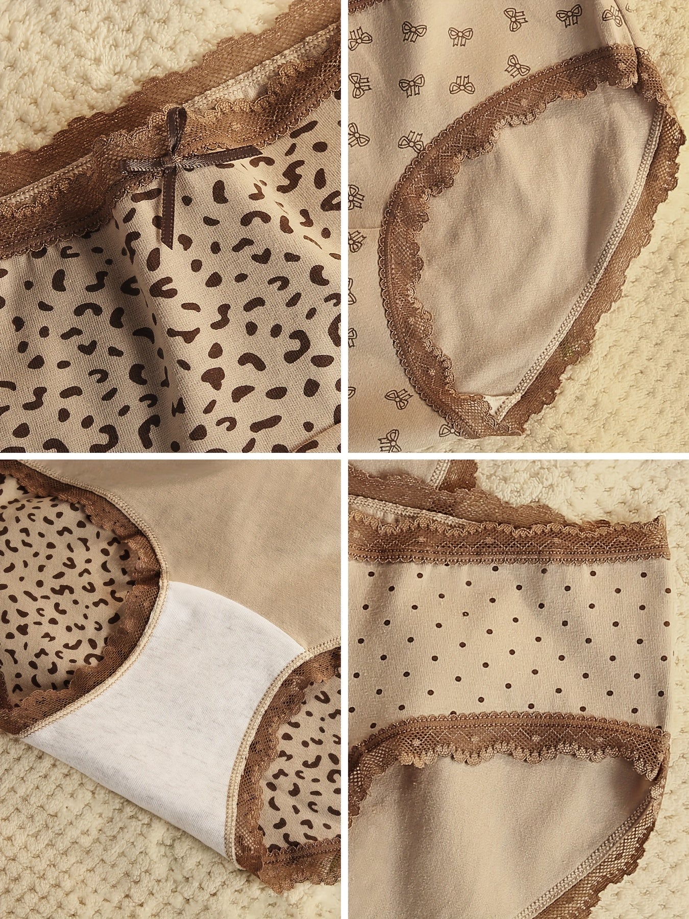 {6pcs} Mid-Rise Briefs - Leopard & Tiger Stripe Print Panties with Lace Trim