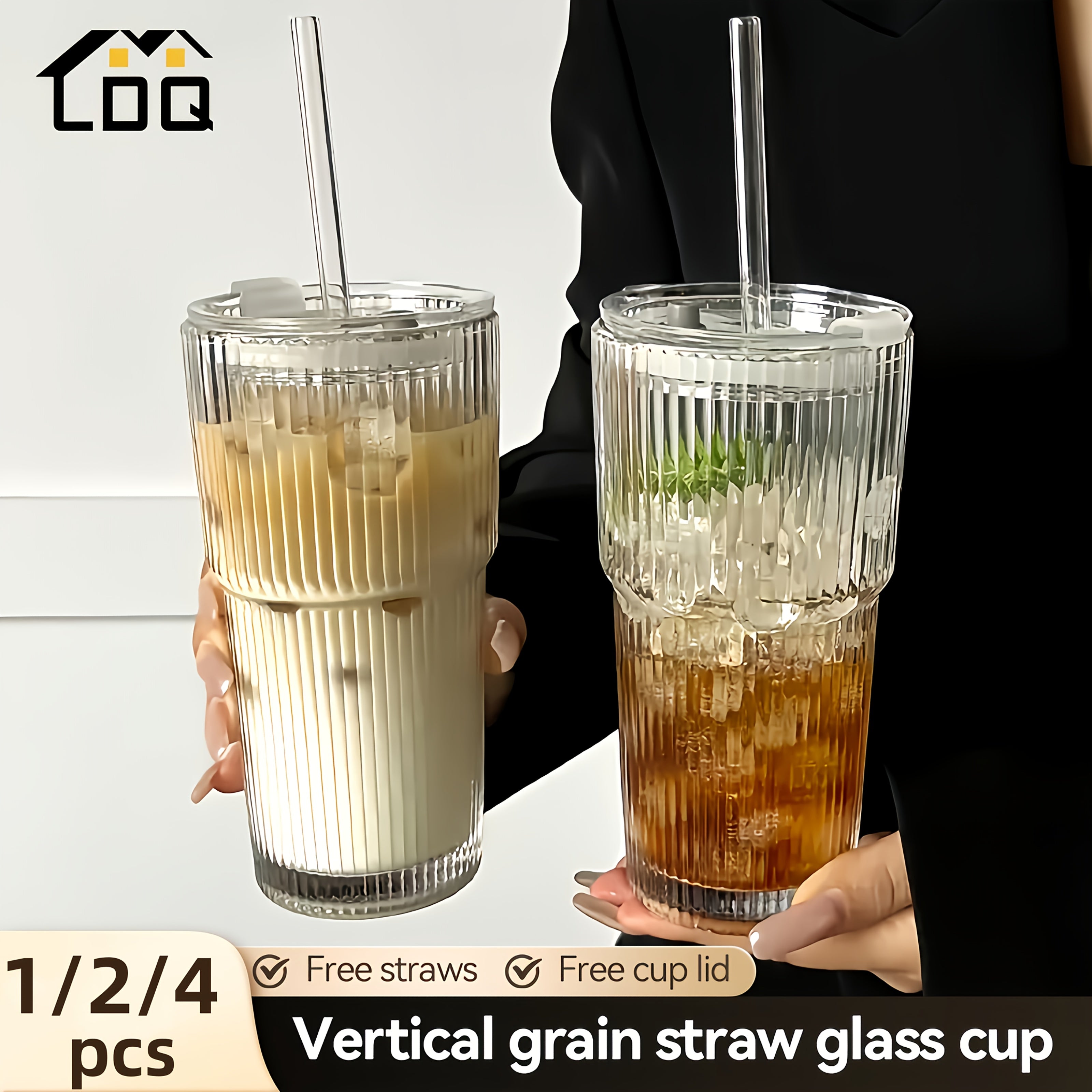 {1/2/4pcs] LDQ Striped Glass Cups with Straws & Lids
