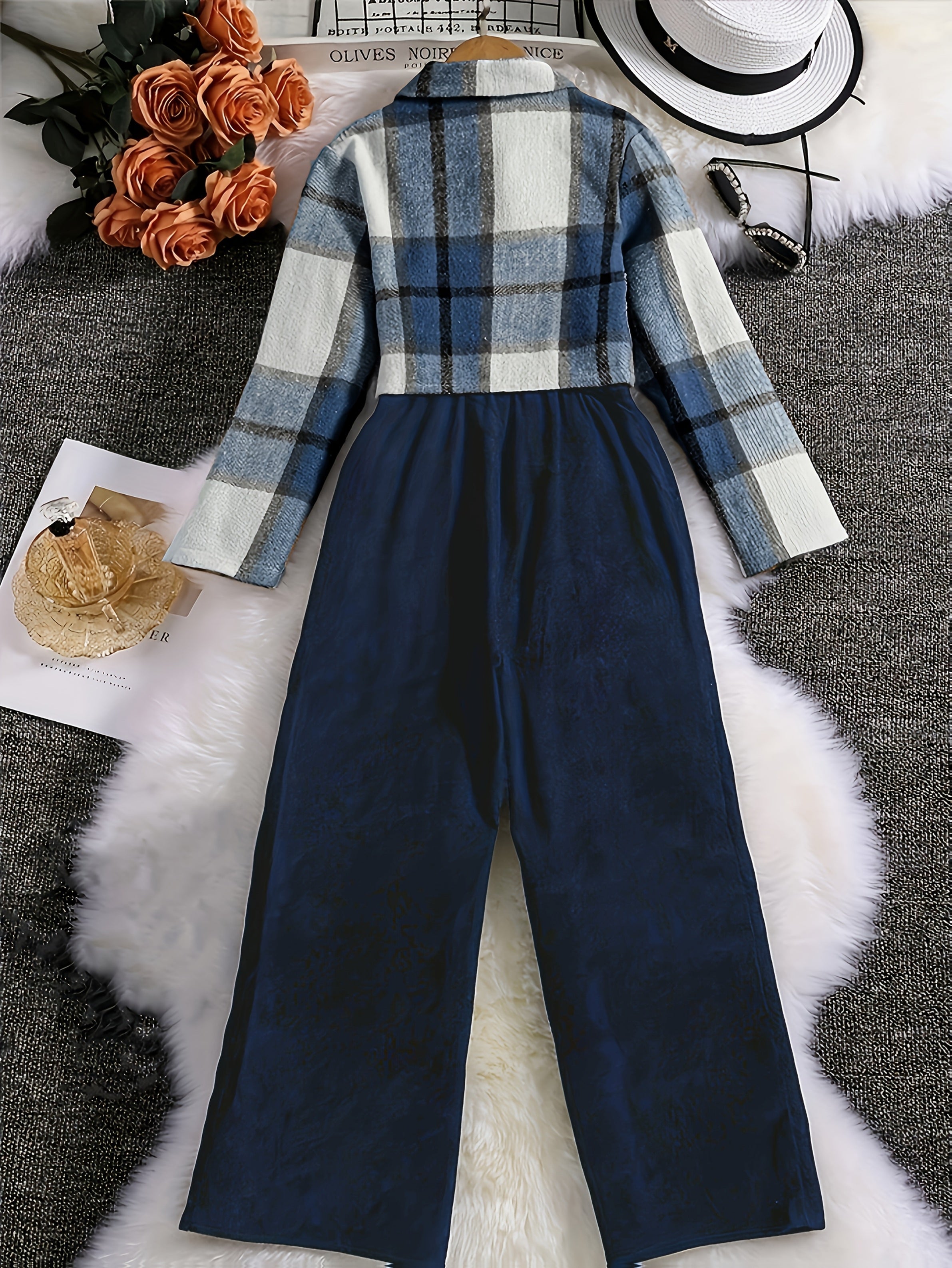 2025 New Elegant Vacation Style: Plaid Printed Button Top with Solid Color Ribbed Camisole Jumpsuit Set