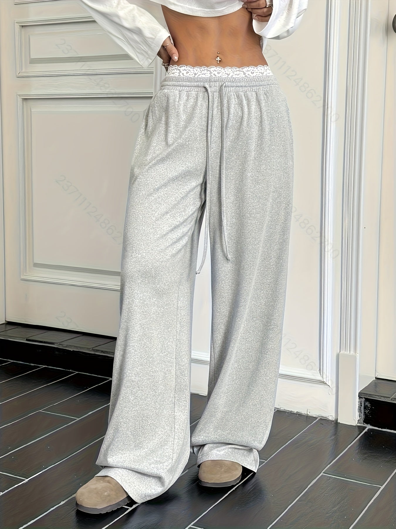 Casual Wide-Leg Pants with Contrast Lace Detail