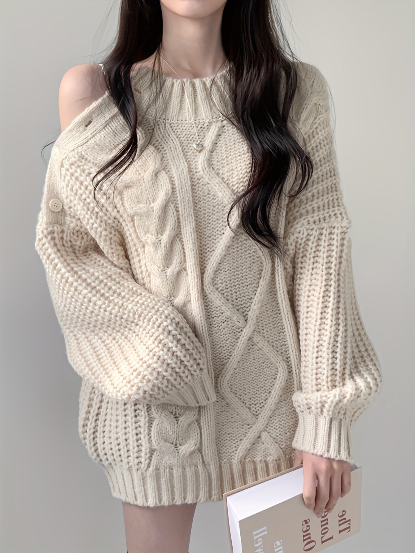 Women'S Elegant Sweater - Long Sleeve Button-Front Sweater with Twist Design, /Neutral Tones, Chic Office to Party Outfit for Fall/Winter, Everyday & Formal Events - Women'S Fashion Sweater, Sweater, Winter Clothing, Geometri