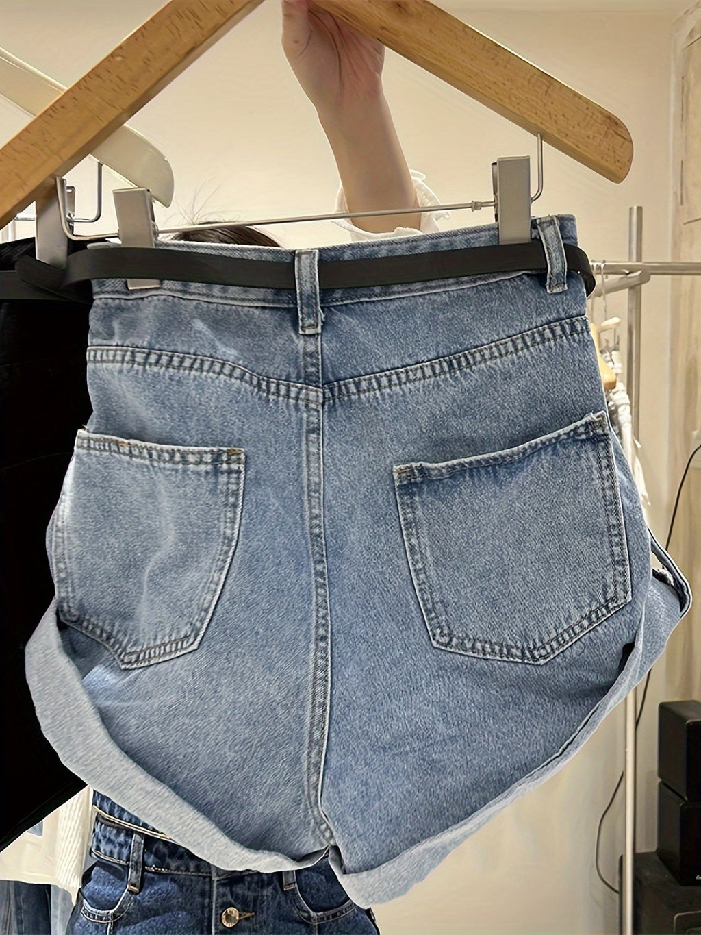 High Waisted Rolled Hem Straight Leg Wide Denim Shorts