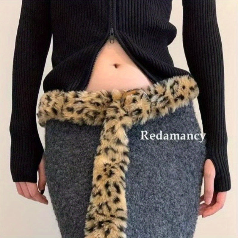 Leopard Print Imitation Leather & Plush Faux Fur Belt with Plug Buckle