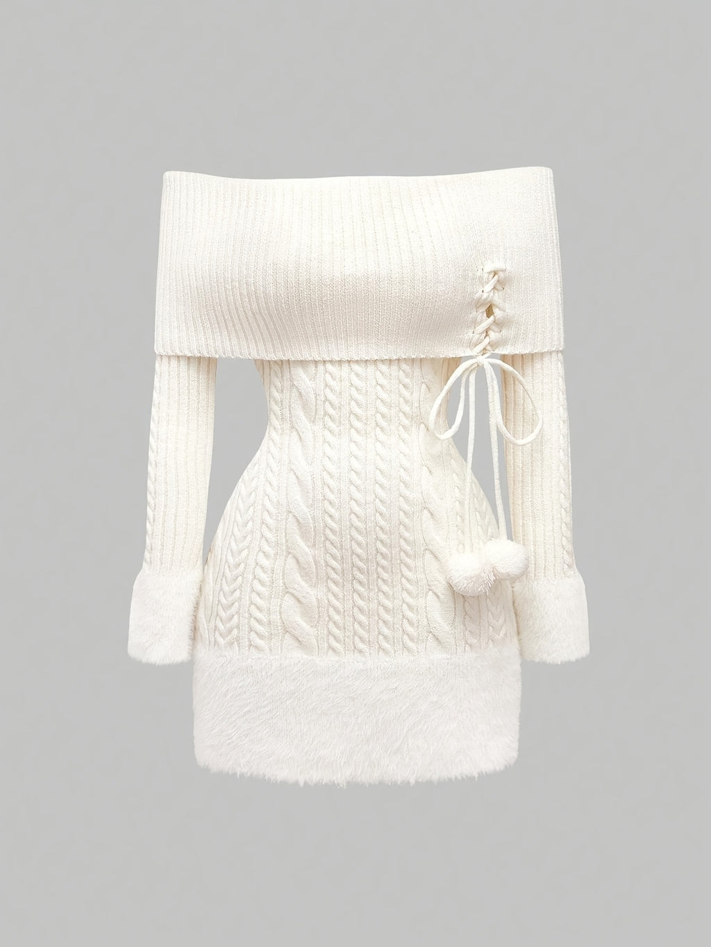 Women's Elegant Off-Shoulder Plush Ball Pendant Sweater Dress - Mid-Length Ribbed Party Dress with Adjustable Lace-Up Back, Fluffy Cuffs & Pompom Details for New Year, Valentine's Day, Special Occasions (Machine Washable), Dr