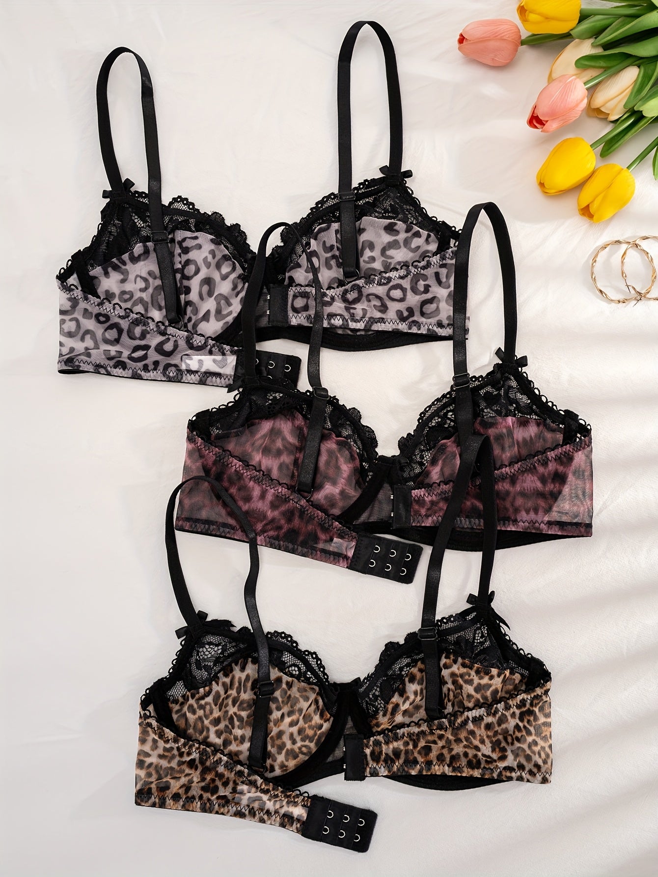 3pcs Women's Solid Color Leopard Print Underwire Comfort Bras