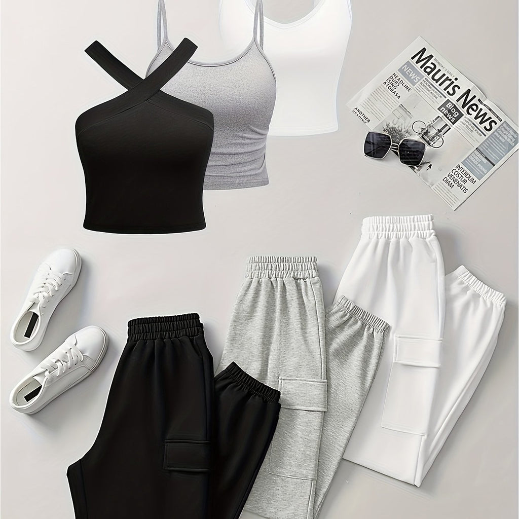 {6pcs} Sleeveless Camisole Pocket Overalls Solid Color Set