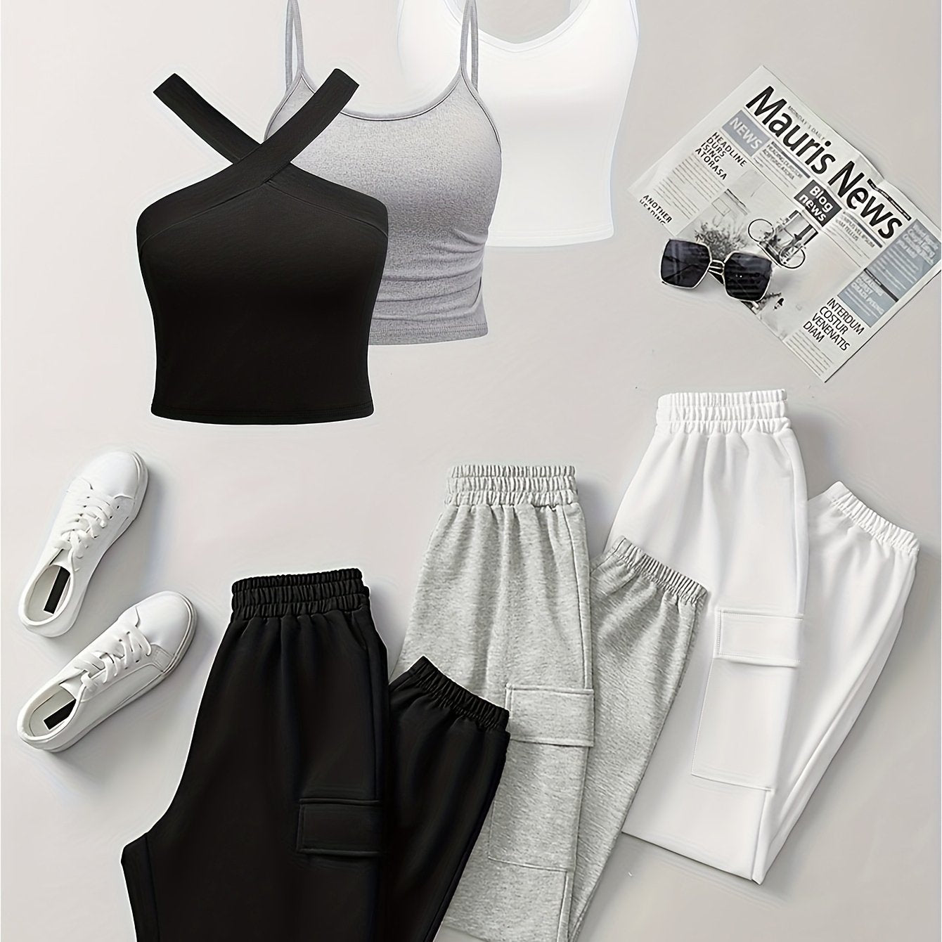 {6pcs} Sleeveless Camisole Pocket Overalls Solid Color Set