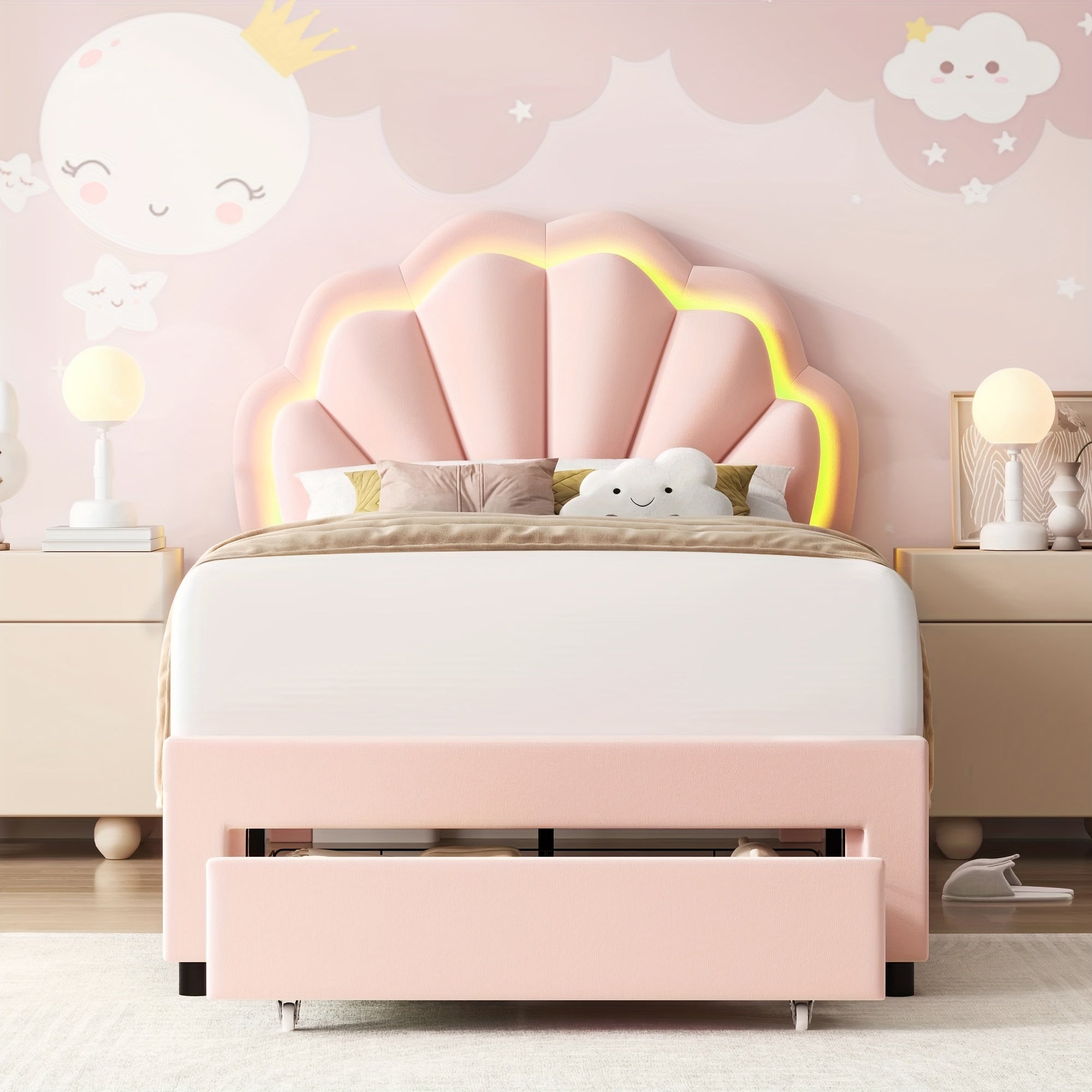 Velvet Upholstered Platform Bed With Adjustable Floral Headboard