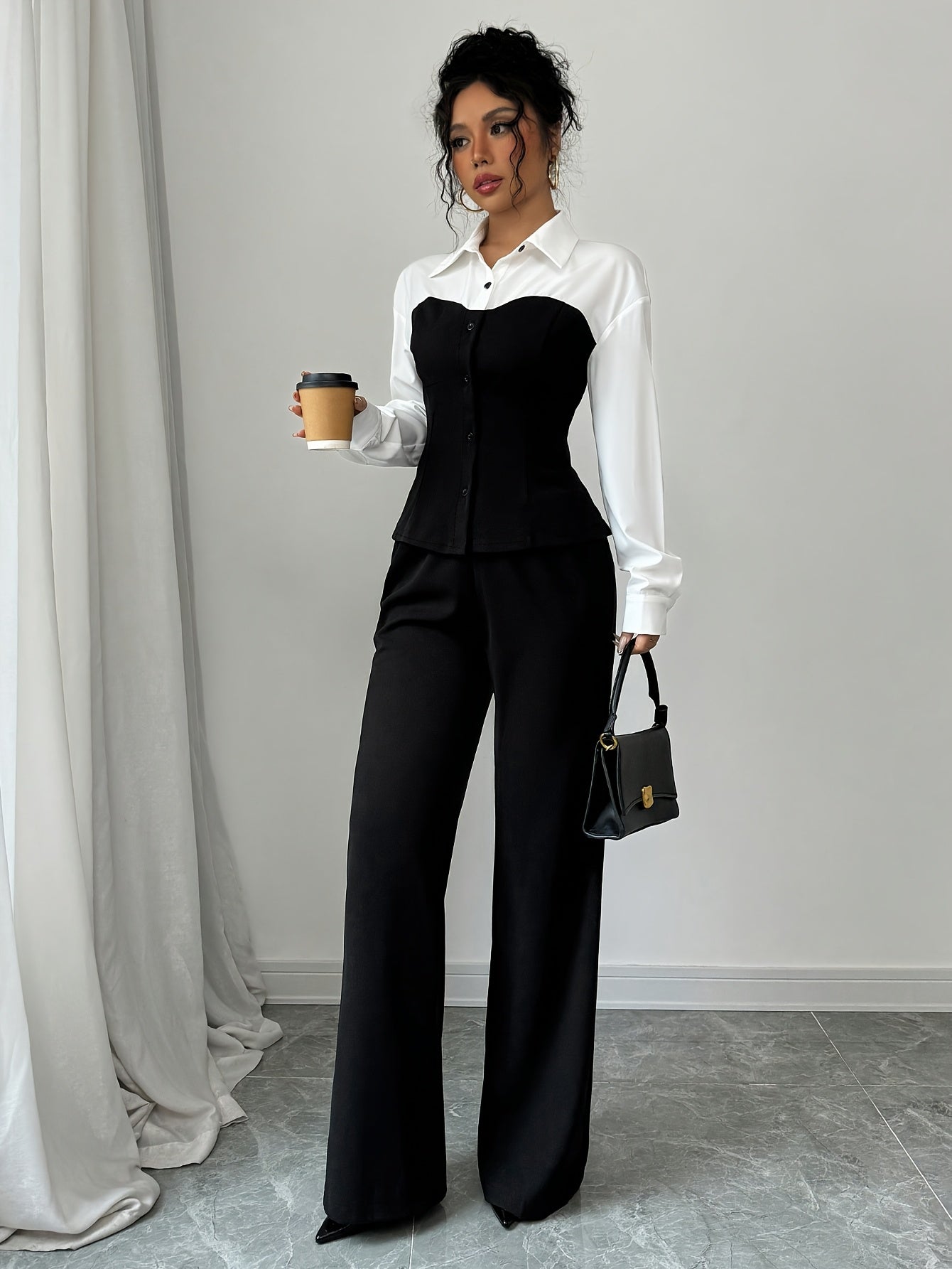 Women'S Elegant Two-Piece Outfit: Color Block Long Sleeve Shirt + Wide-Leg Pants, Polyester Blend, All-Season Wear, Casual Attire|Elegant Two-Piece|Polyester Blend