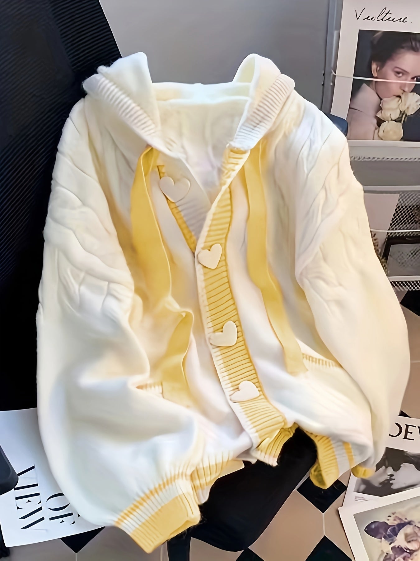 Women'S Hooded Cardigan - Pastel Pink & white colorblock Sweater, Button-Front Closure, Loose Fit Open Front Sweater for Fall/Winter, Everyday & Formal Outfits - Women'S Sweater Coat, Cardigan Sweater, Casual Layering Piece,