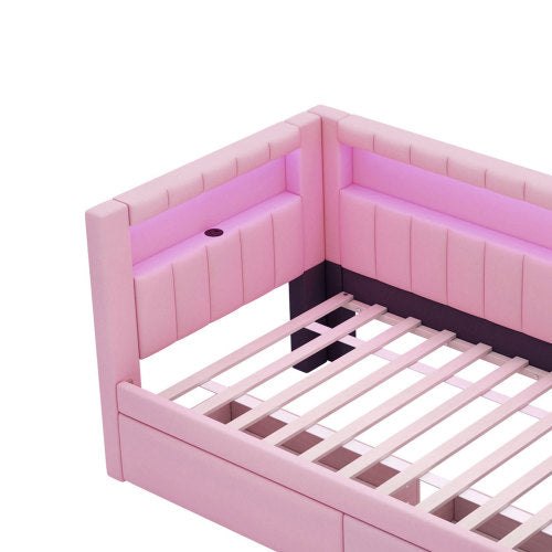 Modern White Upholstered Twin Size Platform Bed with USB Ports & RGB LED
