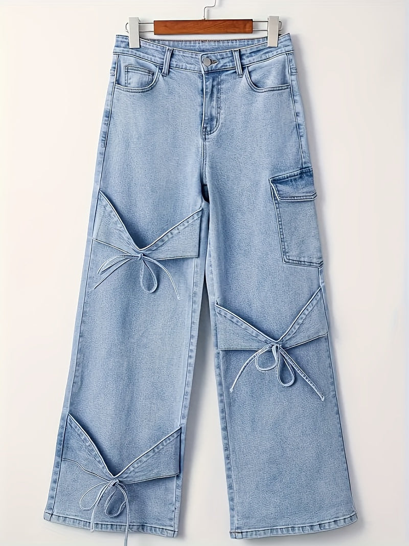 Denim Curved Bow Side Pocket Straight Trousers