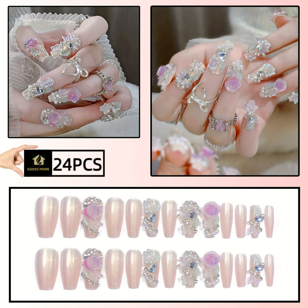 {24pcs} Shiny Flower Fake Nails