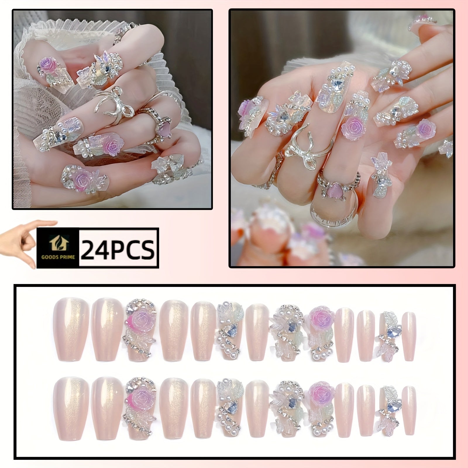 {24pcs} Shiny Flower Fake Nails