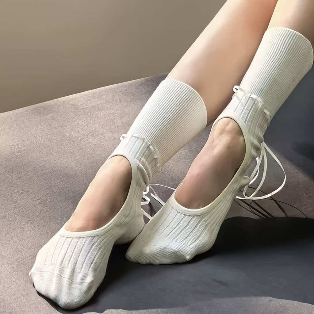 Non-Slip Mid-Calf Socks with Adjustable Strap & Bow Ribbon