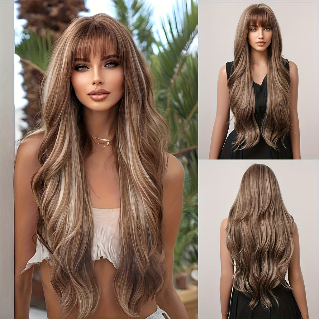 30 Inch Ladies Elegant Gradient Brown Long Curly Wig With Bangs
