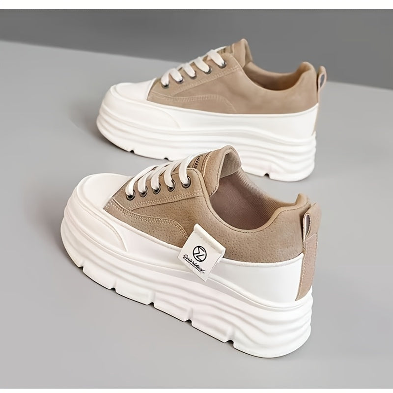 Women's Low-Top Lace-Up Sneakers - Beige/ White Faux Cover-like Synthetic Cover Arch Moccasin-Style Shoes with EVA Cushioned PVC Sole, Minimalist White Laces & Beige Traction Tread - All-Season Casual, Office, Gym, Walking Sh