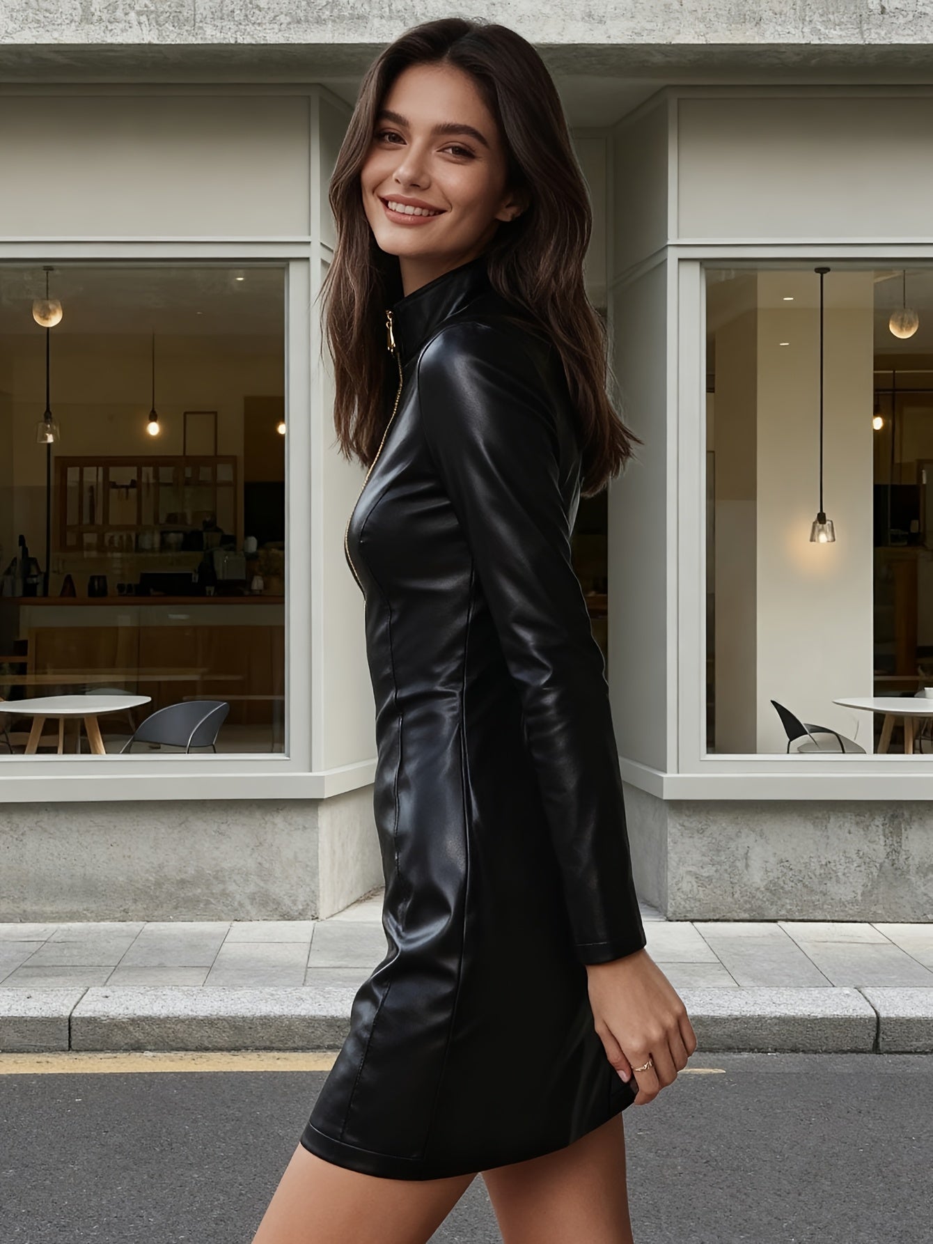 PU Long-Sleeve Dress with a Stand Collar