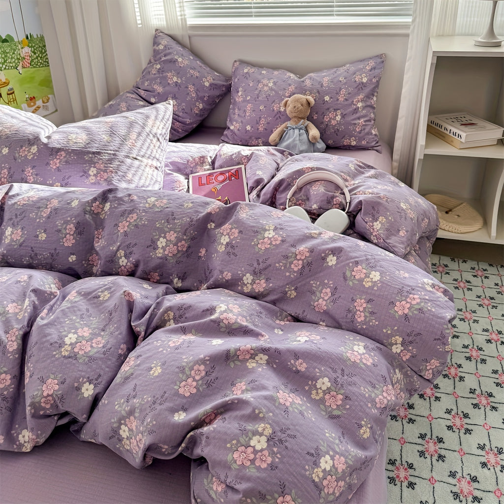 Hibiscus Pattern Fresh Style 4pcs Bedding Set (1 Duvet Cover + 1 Fitted Sheet + 2 Pillowcases)