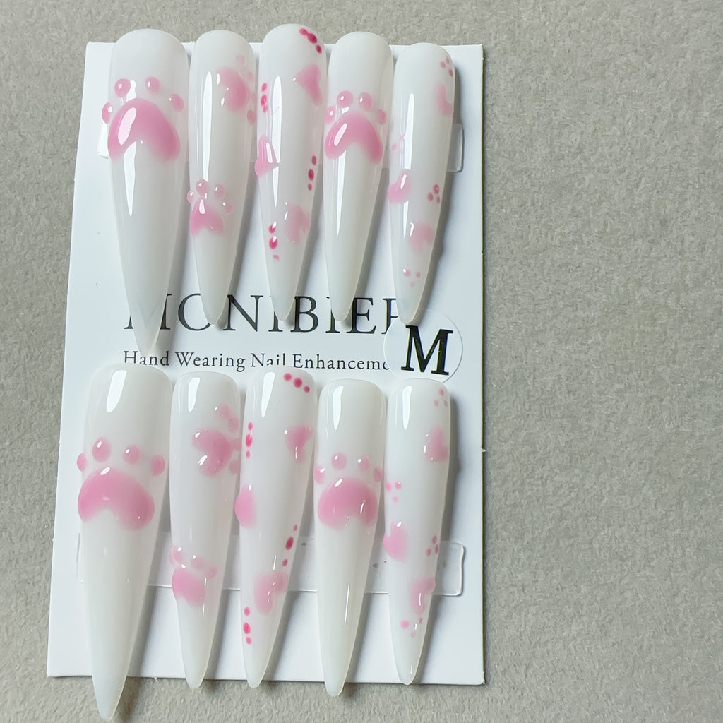 10pcs Set Handmade Wearable Nail Stickers for Women, Full Coverage, Reusable, Super Long Teardrop Shape, Pink & White with 3D Cat Paw and Heart Design, Glossy Finish