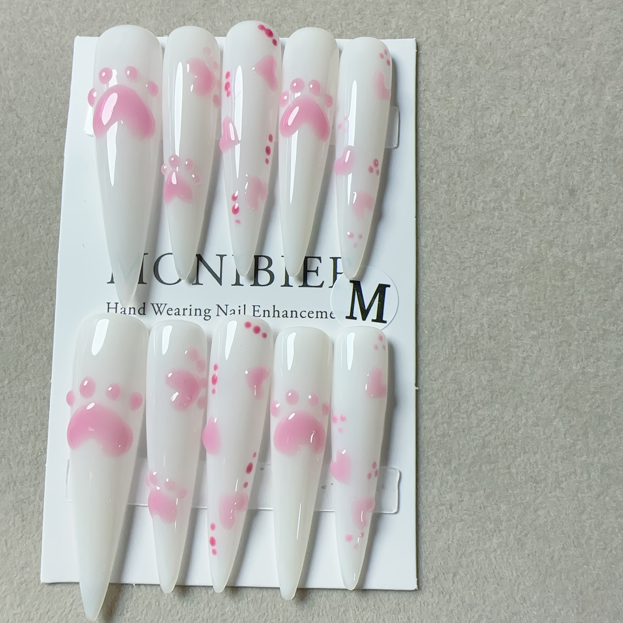10pcs Set Handmade Wearable Nail Stickers for Women, Full Coverage, Reusable, Super Long Teardrop Shape, Pink & White with 3D Cat Paw and Heart Design, Glossy Finish
