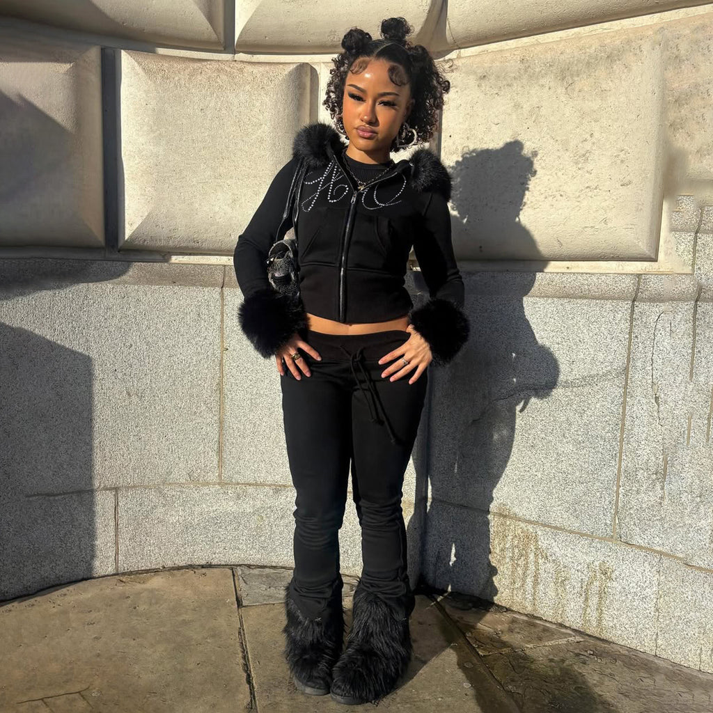 Casual Fleece Long Sleeve Zip-Up Hoodie Jacket with Rhinestone Letter Design