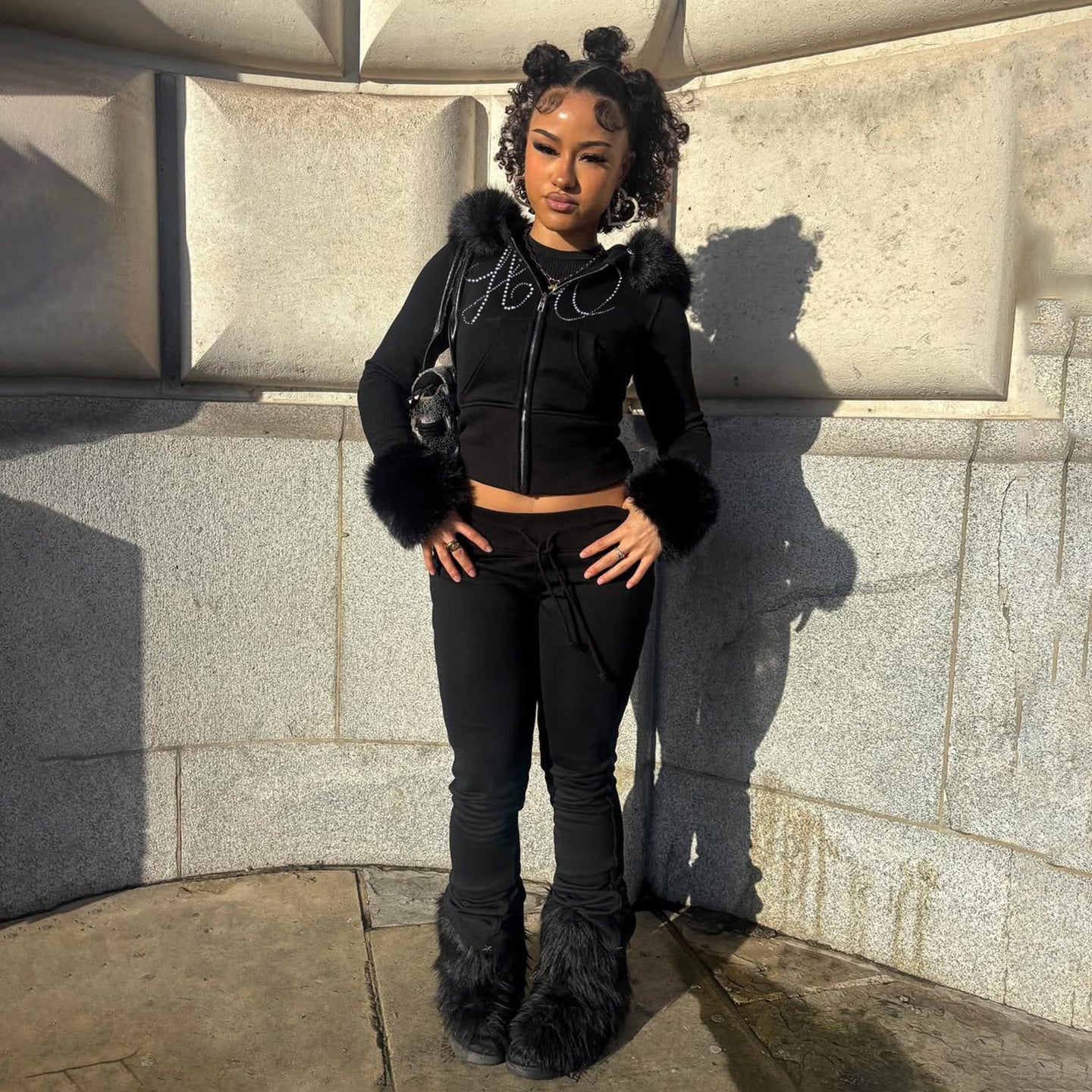 Casual Fleece Long Sleeve Zip-Up Hoodie Jacket with Rhinestone Letter Design