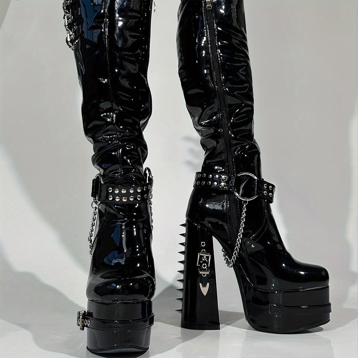 Black Rivet & Chain Studded Platform Knee-High Boots