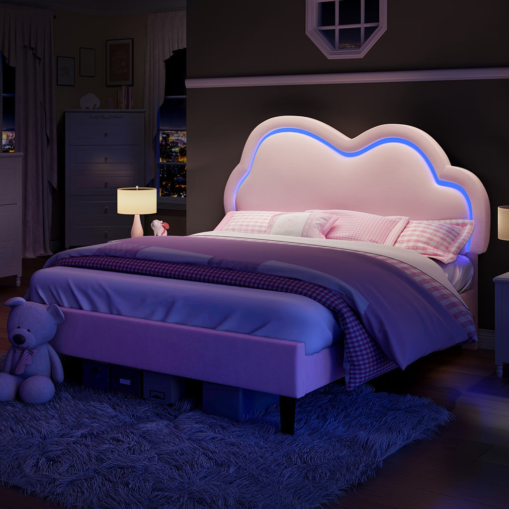 LUXOAK LED-Illuminated Twin Bed Frame with Velvet Cloud Headboard, Pink Platform Design - Easy DIY Assembly, Under-Bed Storage, Modern Hardwood Construction, Box Spring Optional