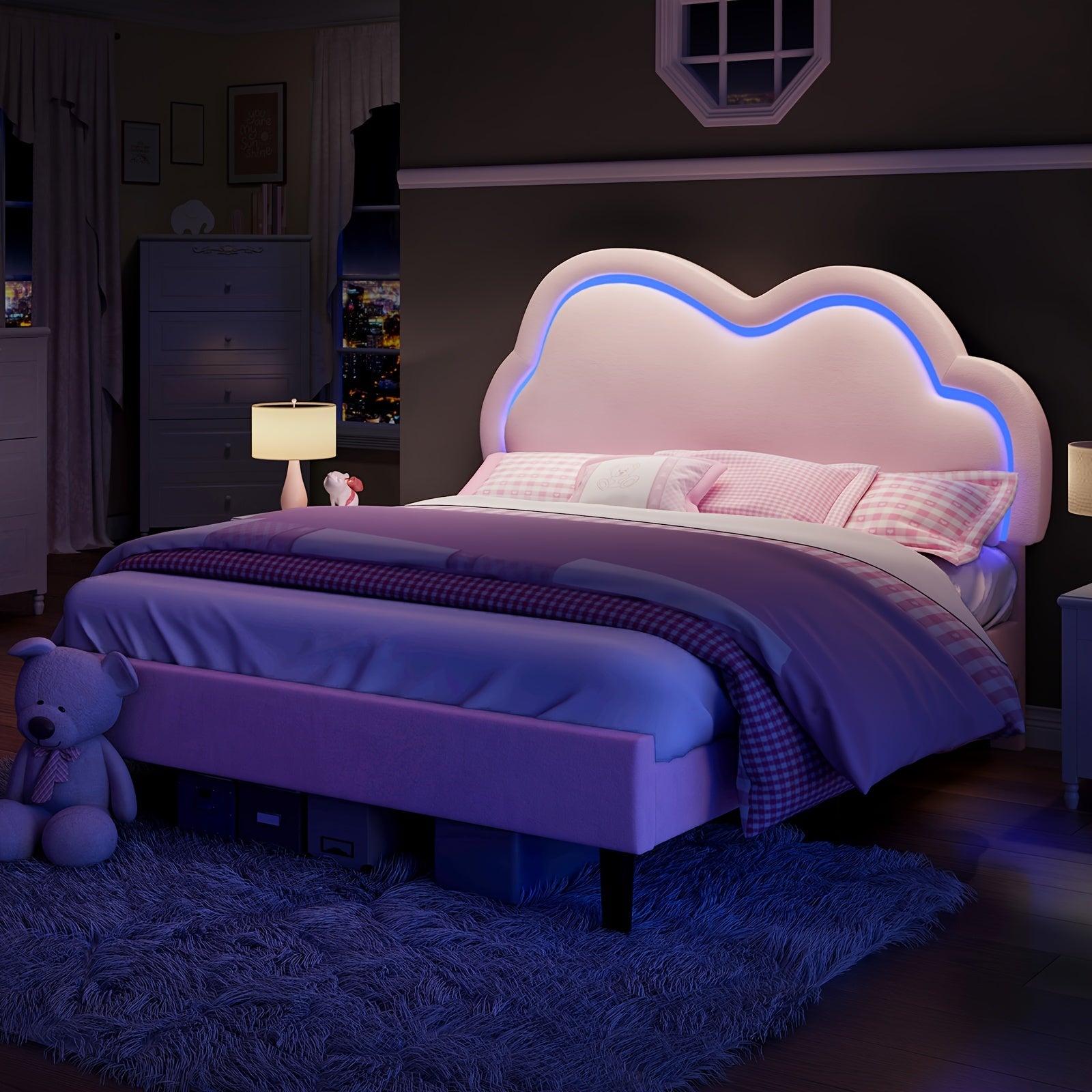 LUXOAK LED-Illuminated Twin Bed Frame with Velvet Cloud Headboard, Pink Platform Design - Easy DIY Assembly, Under-Bed Storage, Modern Hardwood Construction, Box Spring Optional