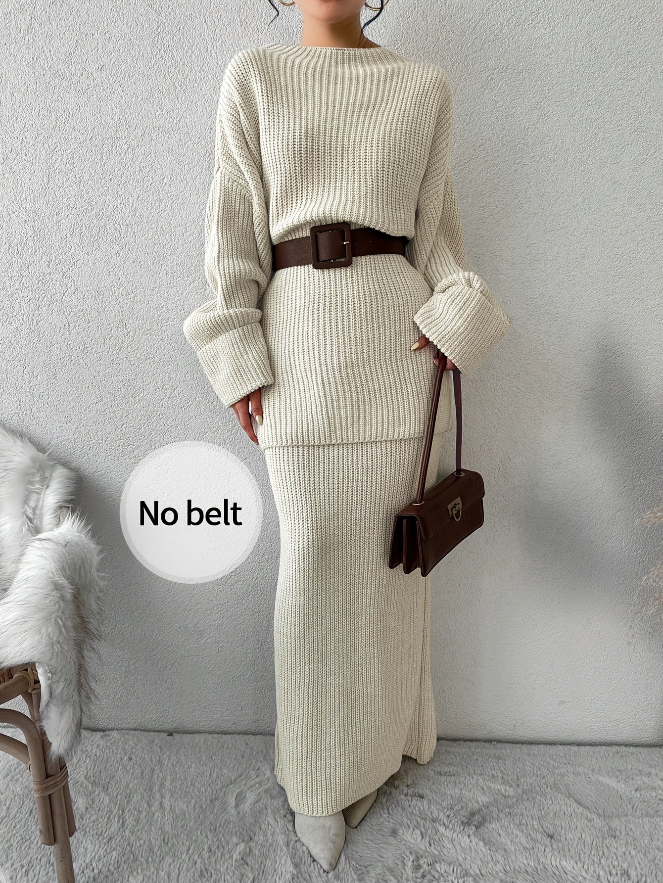 Drop Shoulder Ribbed Crew Neck Sweater Set and Maxi Dress